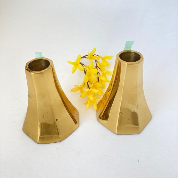 MCM Taper Candlestick Holders of Heavy Polished Brass Minimalistic Danish Design - Picture 12 of 16